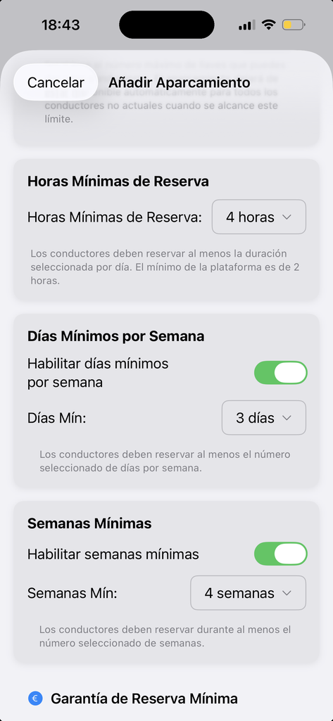 Setting minimum booking requirements on Sublocus