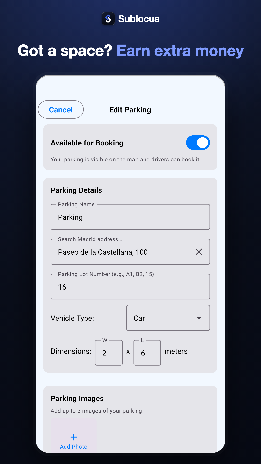 Add or edit your parking space on Sublocus